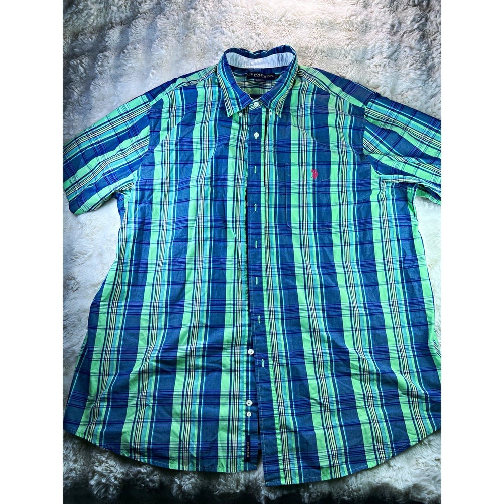 U.S. Polo Assn. Mens 3XLT Blue/Green Plaid Short Sleeve Button-Down Shirt. A27